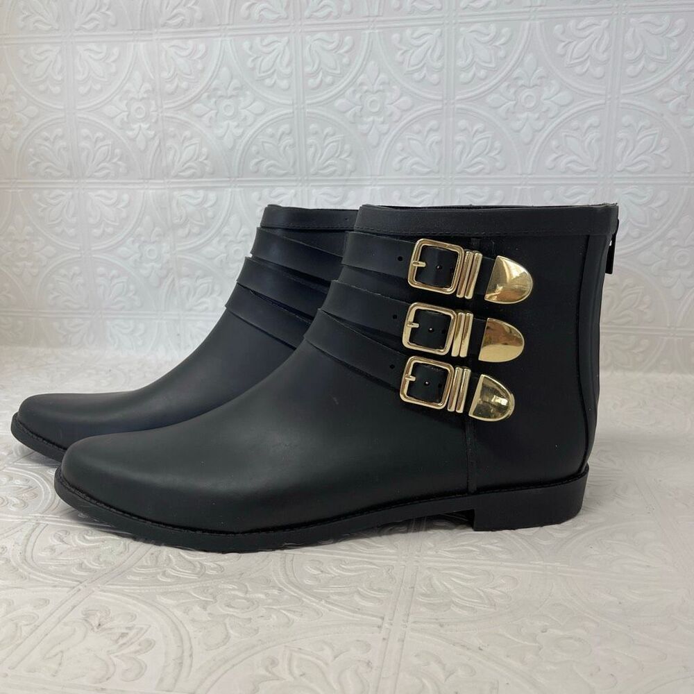 Loeffler Randall Fenton Rain Booties in black with gold-tone buckles Sz 11